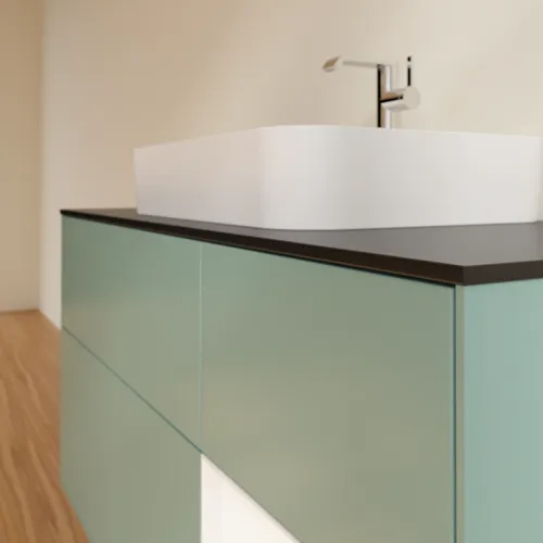 Bild von VILLEROY BOCH Finion Waschbeckenunterschrank, mit Beleuchtung, 3 Auszüge, 1200 x 603 x 501 mm, Olive Matt Lacquer / White Matt Lacquer / Glass Black Matt #F422MTGM