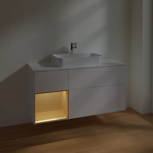 VILLEROY BOCH Finion Waschbeckenunterschrank, mit Beleuchtung, 3 Auszüge, 1200 x 603 x 501 mm, White Matt Lacquer / Gold Matt Lacquer / Glass White Matt #F411HFMT, Bild 5