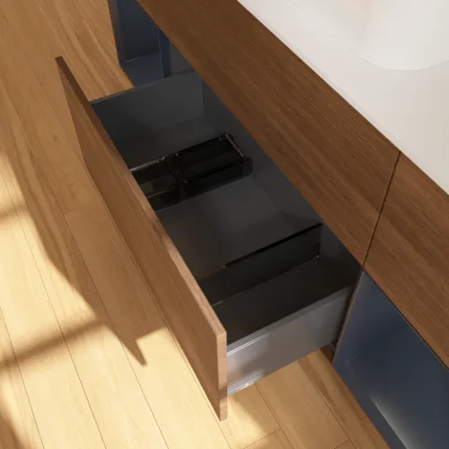 VILLEROY BOCH Finion Waschbeckenunterschrank, mit Beleuchtung, 4 Auszüge, 1600 x 603 x 501 mm, Walnut Veneer / Midnight Blue Matt Lacquer / Glass White Matt #F451HGGN, Bild 3