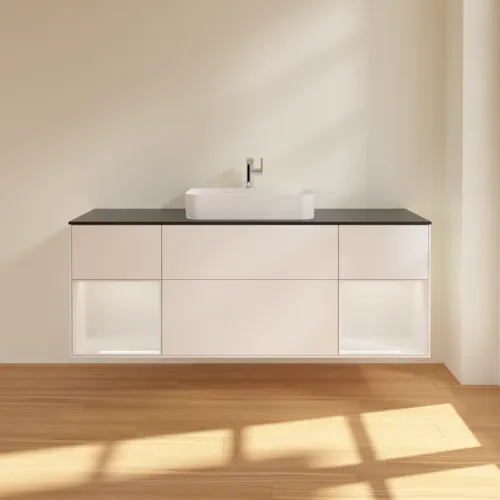 Bild von VILLEROY BOCH Finion Waschbeckenunterschrank, mit Beleuchtung, 4 Auszüge, 1600 x 603 x 501 mm, White Matt Lacquer / Glossy White Lacquer / Glass Black Matt #F452GFMT