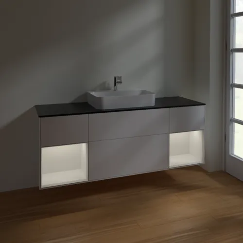 Bild von VILLEROY BOCH Finion Waschbeckenunterschrank, mit Beleuchtung, 4 Auszüge, 1600 x 603 x 501 mm, White Matt Lacquer / Glossy White Lacquer / Glass Black Matt #F452GFMT