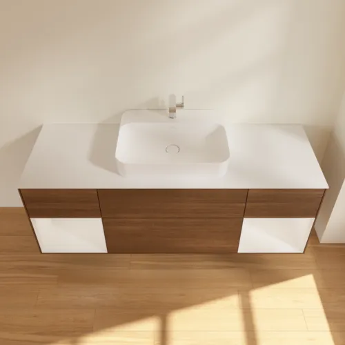 Bild von VILLEROY BOCH Finion Waschbeckenunterschrank, mit Beleuchtung, 4 Auszüge, 1600 x 603 x 501 mm, Walnut Veneer / Glossy White Lacquer / Glass White Matt #F451GFGN