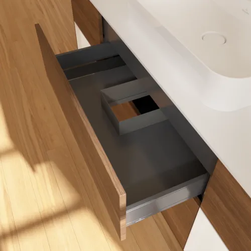 Bild von VILLEROY BOCH Finion Waschbeckenunterschrank, mit Beleuchtung, 4 Auszüge, 1600 x 603 x 501 mm, Walnut Veneer / Glossy White Lacquer / Glass White Matt #F451GFGN