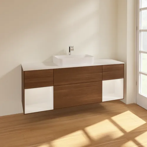 Bild von VILLEROY BOCH Finion Waschbeckenunterschrank, mit Beleuchtung, 4 Auszüge, 1600 x 603 x 501 mm, Walnut Veneer / Glossy White Lacquer / Glass White Matt #F451GFGN