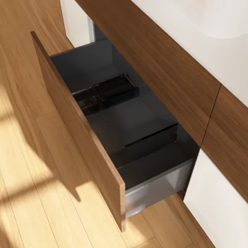 Bild von VILLEROY BOCH Finion Waschbeckenunterschrank, mit Beleuchtung, 4 Auszüge, 1600 x 603 x 501 mm, Walnut Veneer / Glossy White Lacquer / Glass White Matt #F451GFGN