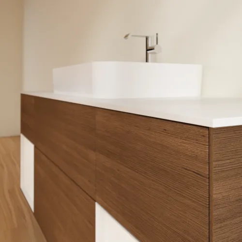 Bild von VILLEROY BOCH Finion Waschbeckenunterschrank, mit Beleuchtung, 4 Auszüge, 1600 x 603 x 501 mm, Walnut Veneer / Glossy White Lacquer / Glass White Matt #F451GFGN