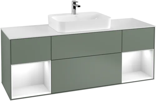 Obrázek VILLEROY BOCH Toaletní skříňka Finion, s osvětlením, 4 výsuvy, 1600 x 603 x 501 mm, olivový matný lak / lesklý bílý lak / sklo bílé matné #F451GFGM