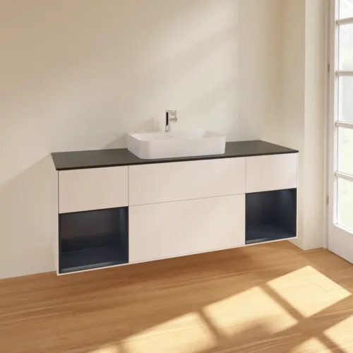 Bild von VILLEROY BOCH Finion Waschbeckenunterschrank, mit Beleuchtung, 4 Auszüge, 1600 x 603 x 501 mm, White Matt Lacquer / Midnight Blue Matt Lacquer / Glass Black Matt #F452HGMT