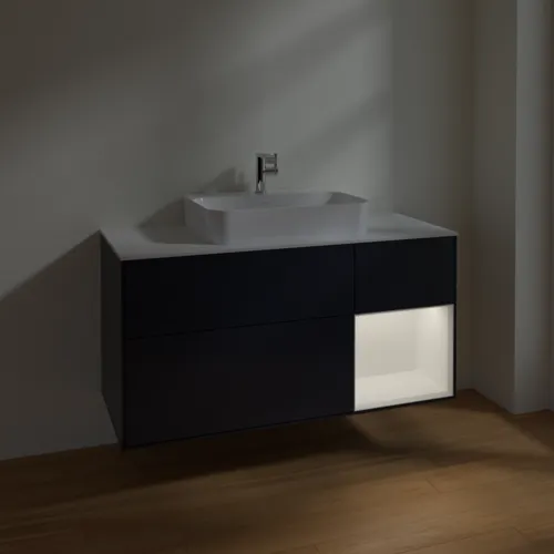 VILLEROY BOCH Finion Waschbeckenunterschrank, mit Beleuchtung, 3 Auszüge, 1200 x 603 x 501 mm, Midnight Blue Matt Lacquer / White Matt Lacquer / Glass White Matt #F421MTHG, Bild 5