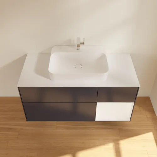 VILLEROY BOCH Finion Waschbeckenunterschrank, mit Beleuchtung, 3 Auszüge, 1200 x 603 x 501 mm, Midnight Blue Matt Lacquer / White Matt Lacquer / Glass White Matt #F421MTHG, Bild 4