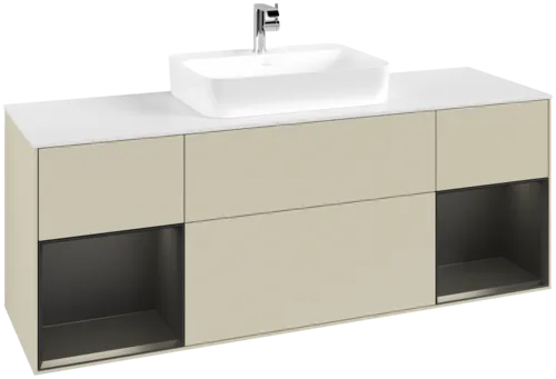 Obrázek VILLEROY BOCH Toaletní skříňka Finion, s osvětlením, 4 výsuvy, 1600 x 603 x 501 mm, hedvábně šedý matný lak / černý matný lak / bílé matné sklo #F451PDHJ
