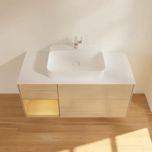 VILLEROY BOCH Finion Waschbeckenunterschrank, mit Beleuchtung, 3 Auszüge, 1200 x 603 x 501 mm, Oak Veneer / Gold Matt Lacquer / Glass White Matt #F411HFPC, Bild 4