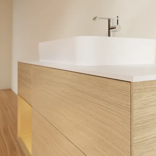 VILLEROY BOCH Finion Waschbeckenunterschrank, mit Beleuchtung, 3 Auszüge, 1200 x 603 x 501 mm, Oak Veneer / Gold Matt Lacquer / Glass White Matt #F411HFPC, Bild 6