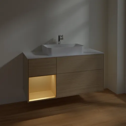 VILLEROY BOCH Finion Waschbeckenunterschrank, mit Beleuchtung, 3 Auszüge, 1200 x 603 x 501 mm, Oak Veneer / Gold Matt Lacquer / Glass White Matt #F411HFPC, Bild 5