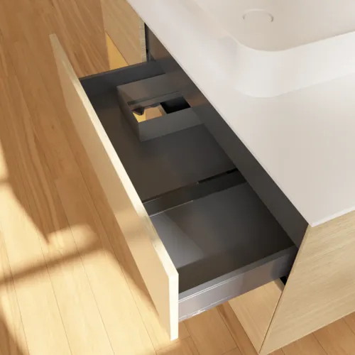 VILLEROY BOCH Finion Waschbeckenunterschrank, mit Beleuchtung, 3 Auszüge, 1200 x 603 x 501 mm, Oak Veneer / Gold Matt Lacquer / Glass White Matt #F411HFPC, Bild 8