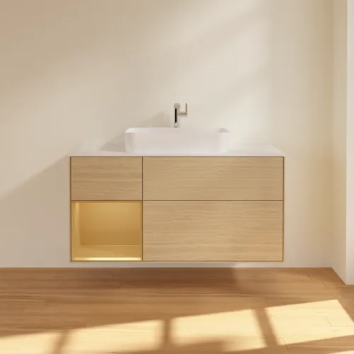 VILLEROY BOCH Finion Waschbeckenunterschrank, mit Beleuchtung, 3 Auszüge, 1200 x 603 x 501 mm, Oak Veneer / Gold Matt Lacquer / Glass White Matt #F411HFPC, Bild 3