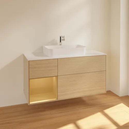 VILLEROY BOCH Finion Waschbeckenunterschrank, mit Beleuchtung, 3 Auszüge, 1200 x 603 x 501 mm, Oak Veneer / Gold Matt Lacquer / Glass White Matt #F411HFPC, Bild 2