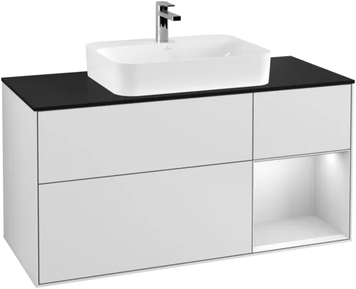 Obrázek VILLEROY BOCH Toaletní skříňka Finion, s osvětlením, 3 výsuvy, 1200 x 603 x 501 mm, bílý matný lak / bílý matný lak / černé matné sklo #F422MTMT