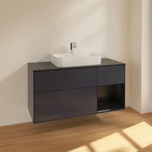 VILLEROY BOCH Finion Waschbeckenunterschrank, mit Beleuchtung, 3 Auszüge, 1200 x 603 x 501 mm, Midnight Blue Matt Lacquer / Black Matt Lacquer / Glass Black Matt #F422PDHG, Bild 2