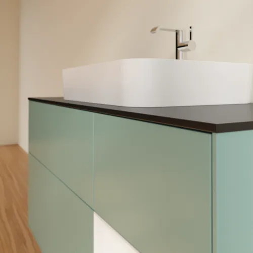 Bild von VILLEROY BOCH Finion Waschbeckenunterschrank, mit Beleuchtung, 3 Auszüge, 1200 x 603 x 501 mm, Olive Matt Lacquer / Glossy White Lacquer / Glass Black Matt #F422GFGM