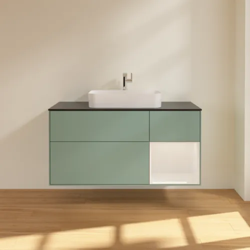 Bild von VILLEROY BOCH Finion Waschbeckenunterschrank, mit Beleuchtung, 3 Auszüge, 1200 x 603 x 501 mm, Olive Matt Lacquer / Glossy White Lacquer / Glass Black Matt #F422GFGM