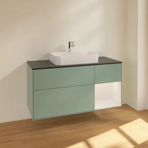 Bild von VILLEROY BOCH Finion Waschbeckenunterschrank, mit Beleuchtung, 3 Auszüge, 1200 x 603 x 501 mm, Olive Matt Lacquer / Glossy White Lacquer / Glass Black Matt #F422GFGM