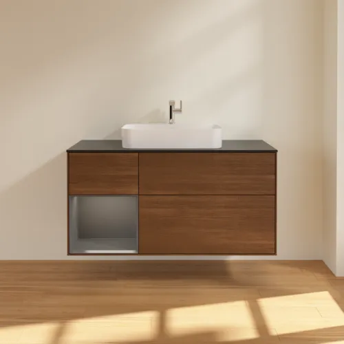 VILLEROY BOCH Finion Waschbeckenunterschrank, mit Beleuchtung, 3 Auszüge, 1200 x 603 x 501 mm, Walnut Veneer / Anthracite Matt Lacquer / Glass Black Matt #F412GKGN, Bild 3