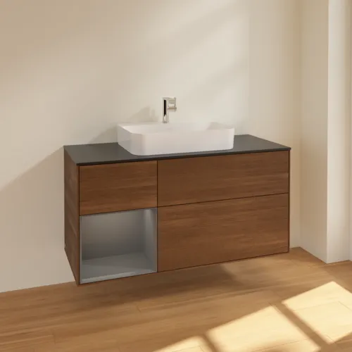 VILLEROY BOCH Finion Waschbeckenunterschrank, mit Beleuchtung, 3 Auszüge, 1200 x 603 x 501 mm, Walnut Veneer / Anthracite Matt Lacquer / Glass Black Matt #F412GKGN, Bild 2