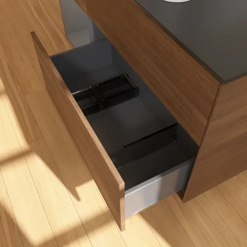 VILLEROY BOCH Finion Waschbeckenunterschrank, mit Beleuchtung, 3 Auszüge, 1200 x 603 x 501 mm, Walnut Veneer / Anthracite Matt Lacquer / Glass Black Matt #F412GKGN, Bild 7