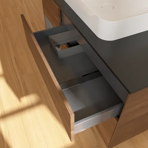 VILLEROY BOCH Finion Waschbeckenunterschrank, mit Beleuchtung, 3 Auszüge, 1200 x 603 x 501 mm, Walnut Veneer / Anthracite Matt Lacquer / Glass Black Matt #F412GKGN, Bild 8