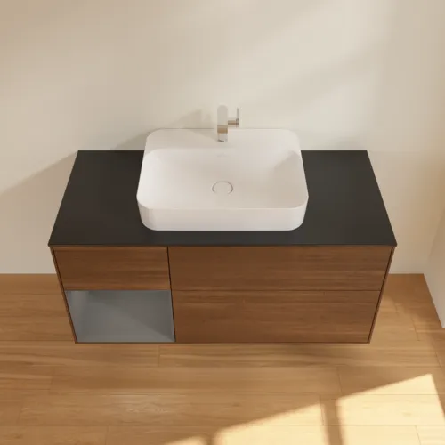 VILLEROY BOCH Finion Waschbeckenunterschrank, mit Beleuchtung, 3 Auszüge, 1200 x 603 x 501 mm, Walnut Veneer / Anthracite Matt Lacquer / Glass Black Matt #F412GKGN, Bild 4