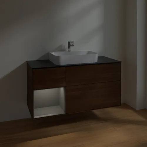 VILLEROY BOCH Finion Waschbeckenunterschrank, mit Beleuchtung, 3 Auszüge, 1200 x 603 x 501 mm, Walnut Veneer / Anthracite Matt Lacquer / Glass Black Matt #F412GKGN, Bild 5