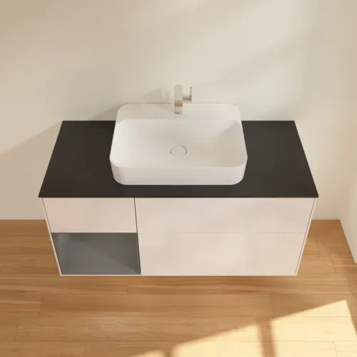 Bild von VILLEROY BOCH Finion Waschbeckenunterschrank, mit Beleuchtung, 3 Auszüge, 1200 x 603 x 501 mm, Glossy White Lacquer / Anthracite Matt Lacquer / Glass Black Matt #F412GKGF