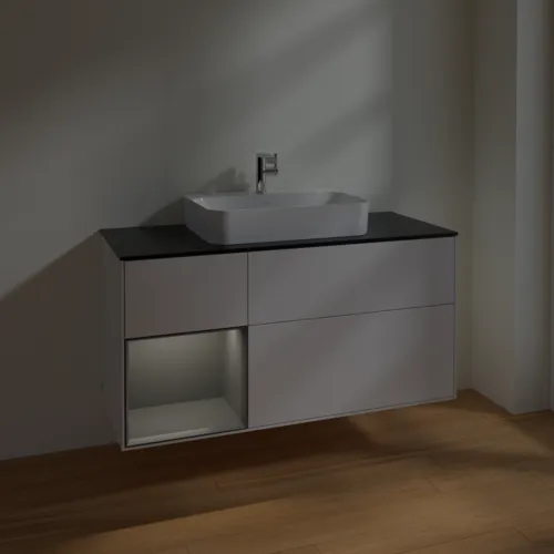 Bild von VILLEROY BOCH Finion Waschbeckenunterschrank, mit Beleuchtung, 3 Auszüge, 1200 x 603 x 501 mm, Glossy White Lacquer / Anthracite Matt Lacquer / Glass Black Matt #F412GKGF