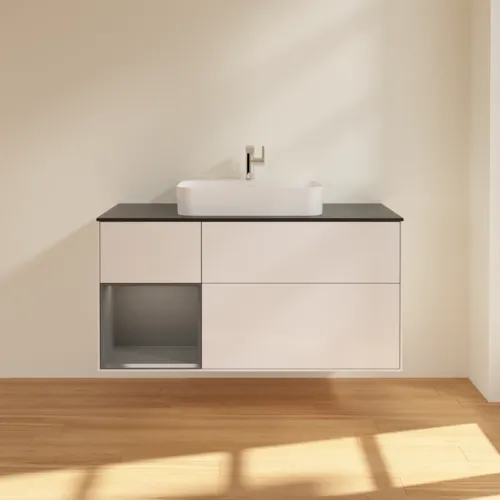 Bild von VILLEROY BOCH Finion Waschbeckenunterschrank, mit Beleuchtung, 3 Auszüge, 1200 x 603 x 501 mm, Glossy White Lacquer / Anthracite Matt Lacquer / Glass Black Matt #F412GKGF
