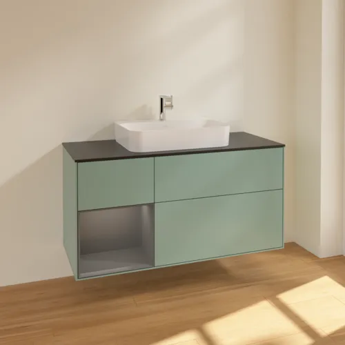 VILLEROY BOCH Finion Waschbeckenunterschrank, mit Beleuchtung, 3 Auszüge, 1200 x 603 x 501 mm, Olive Matt Lacquer / Anthracite Matt Lacquer / Glass Black Matt #F412GKGM, Bild 2