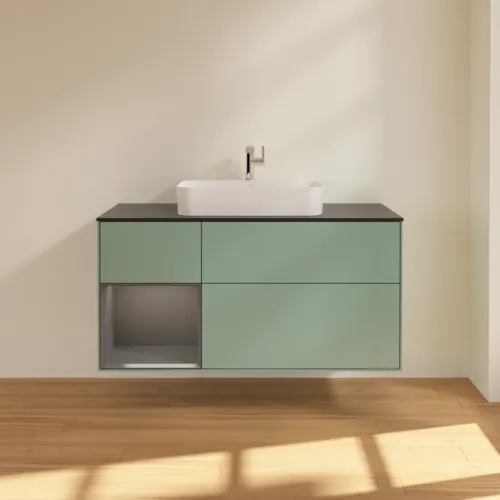 VILLEROY BOCH Finion Waschbeckenunterschrank, mit Beleuchtung, 3 Auszüge, 1200 x 603 x 501 mm, Olive Matt Lacquer / Anthracite Matt Lacquer / Glass Black Matt #F412GKGM, Bild 3