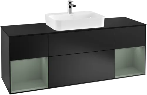 Obrázek VILLEROY BOCH Toaletní skříňka Finion, s osvětlením, 4 výsuvy, 1600 x 603 x 501 mm, černý matný lak / olivový matný lak / černé matné sklo #F452GMPD