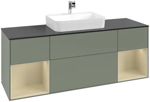 Obrázek VILLEROY BOCH Toaletní skříňka Finion, s osvětlením, 4 výsuvy, 1600 x 603 x 501 mm, olivový matný lak / hedvábně šedý matný lak / černé matné sklo #F452HJGM
