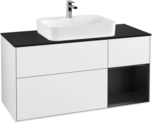 Obrázek VILLEROY BOCH Toaletní skříňka Finion, s osvětlením, 3 výsuvy, 1200 x 603 x 501 mm, lesklý bílý lak / černý matný lak / černé matné sklo #F422PDGF