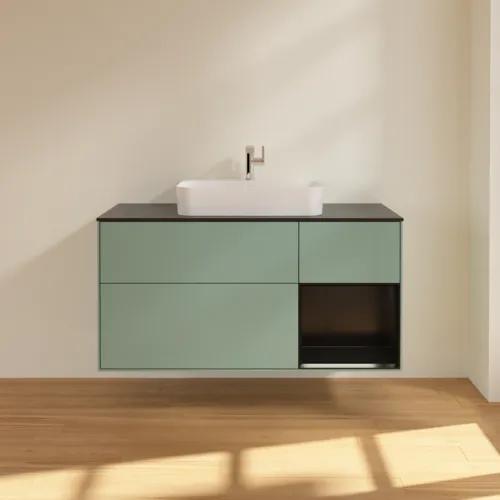 Bild von VILLEROY BOCH Finion Waschbeckenunterschrank, mit Beleuchtung, 3 Auszüge, 1200 x 603 x 501 mm, Olive Matt Lacquer / Black Matt Lacquer / Glass Black Matt #F422PDGM