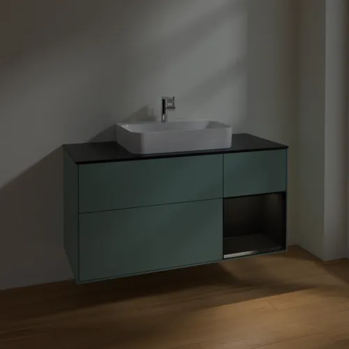 Bild von VILLEROY BOCH Finion Waschbeckenunterschrank, mit Beleuchtung, 3 Auszüge, 1200 x 603 x 501 mm, Olive Matt Lacquer / Black Matt Lacquer / Glass Black Matt #F422PDGM