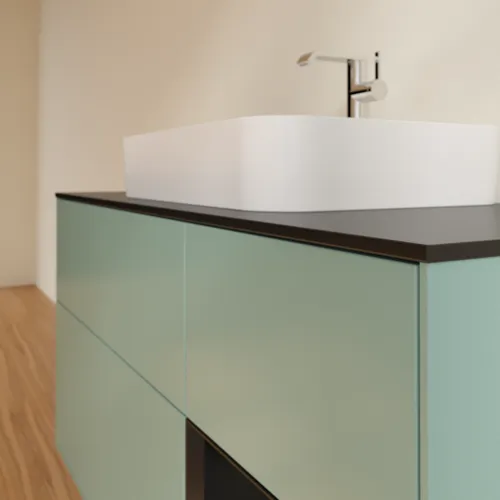 Bild von VILLEROY BOCH Finion Waschbeckenunterschrank, mit Beleuchtung, 3 Auszüge, 1200 x 603 x 501 mm, Olive Matt Lacquer / Black Matt Lacquer / Glass Black Matt #F422PDGM
