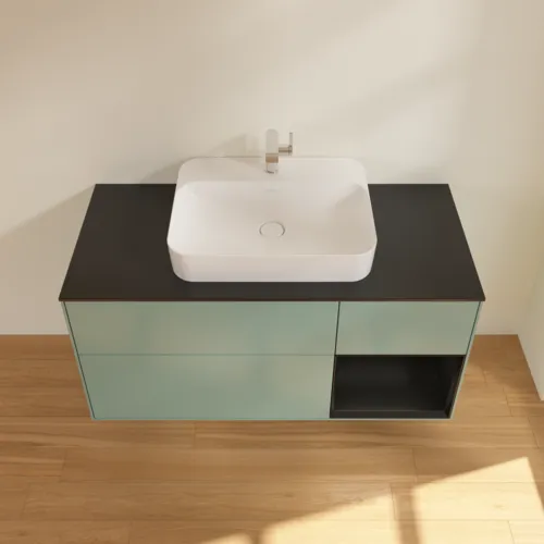 Bild von VILLEROY BOCH Finion Waschbeckenunterschrank, mit Beleuchtung, 3 Auszüge, 1200 x 603 x 501 mm, Olive Matt Lacquer / Black Matt Lacquer / Glass Black Matt #F422PDGM