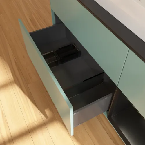 Bild von VILLEROY BOCH Finion Waschbeckenunterschrank, mit Beleuchtung, 3 Auszüge, 1200 x 603 x 501 mm, Olive Matt Lacquer / Black Matt Lacquer / Glass Black Matt #F422PDGM