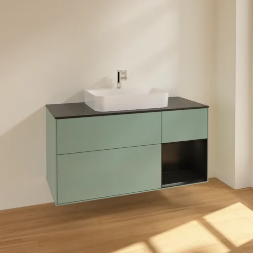 Bild von VILLEROY BOCH Finion Waschbeckenunterschrank, mit Beleuchtung, 3 Auszüge, 1200 x 603 x 501 mm, Olive Matt Lacquer / Black Matt Lacquer / Glass Black Matt #F422PDGM