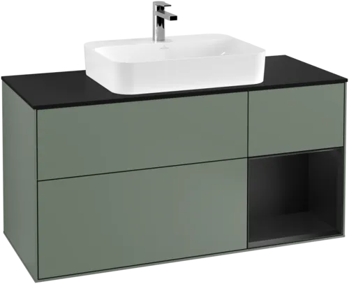 Obrázek VILLEROY BOCH Toaletní skříňka Finion, s osvětlením, 3 výsuvy, 1200 x 603 x 501 mm, olivový matný lak / černý matný lak / černé matné sklo #F422PDGM