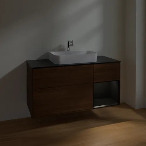VILLEROY BOCH Finion Waschbeckenunterschrank, mit Beleuchtung, 3 Auszüge, 1200 x 603 x 501 mm, Walnut Veneer / Black Matt Lacquer / Glass Black Matt #F422PDGN, Bild 5
