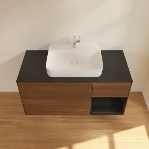 VILLEROY BOCH Finion Waschbeckenunterschrank, mit Beleuchtung, 3 Auszüge, 1200 x 603 x 501 mm, Walnut Veneer / Black Matt Lacquer / Glass Black Matt #F422PDGN, Bild 4