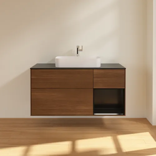 VILLEROY BOCH Finion Waschbeckenunterschrank, mit Beleuchtung, 3 Auszüge, 1200 x 603 x 501 mm, Walnut Veneer / Black Matt Lacquer / Glass Black Matt #F422PDGN, Bild 3